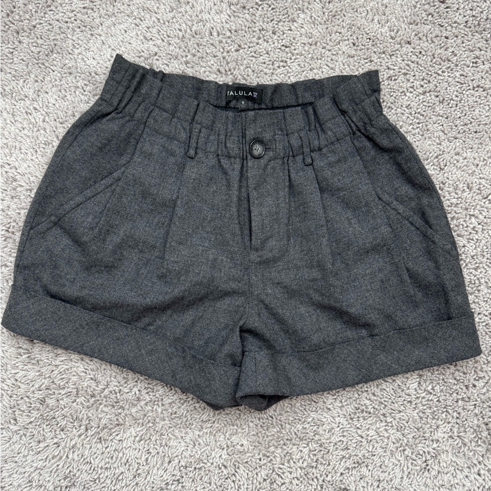 Talula Dark Gray High Waisted Pleated Wool Shorts